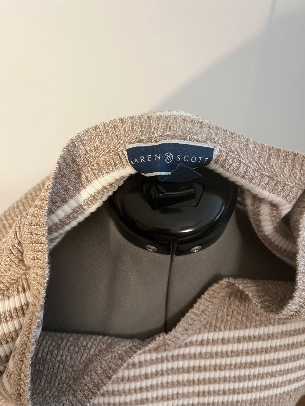 Karen Scott Taupe and White Striped V-Neck Sweater - Picture 2 of 3